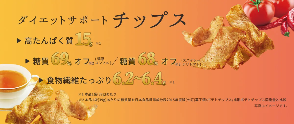 ダイエットサポートチップス 高たんぱく質15g 糖質69%オフ(濃厚コンソメ)/糖質68%オフ(スパイシーチリトマト) 食物繊維たっぷり6.2〜6.4g