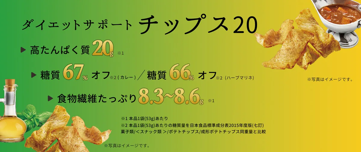 ダイエットサポートチップス20 高たんぱく質20g 糖質67%オフ(カレー)/糖質66%オフ(ハーブマリネ) 食物繊維たっぷり8.3〜8.6g